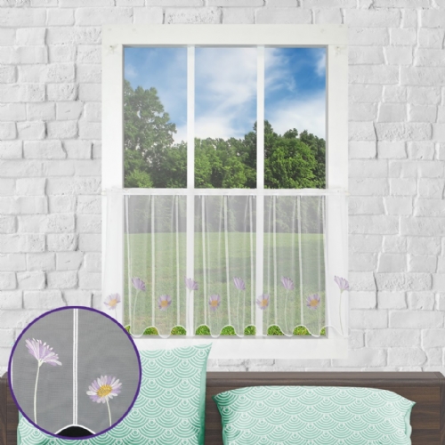 Sebnitz wei�-gr�n-flieder - n�hfreie Kurz-Gardine Store Stickerei