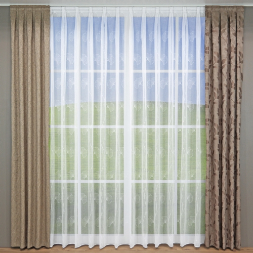 Pulsnitz - Meterware Gardine Stickerei ungen�ht Gingkoblatt wei� natur